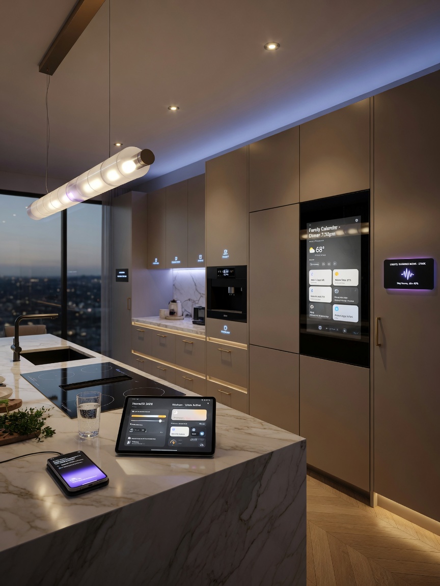 Smart luxury kitchen with integrated panel-ready appliances, touch-screen refrigerator, and voice-controlled lighting system, modern 2026 technology, ultra-detailed 8K image
