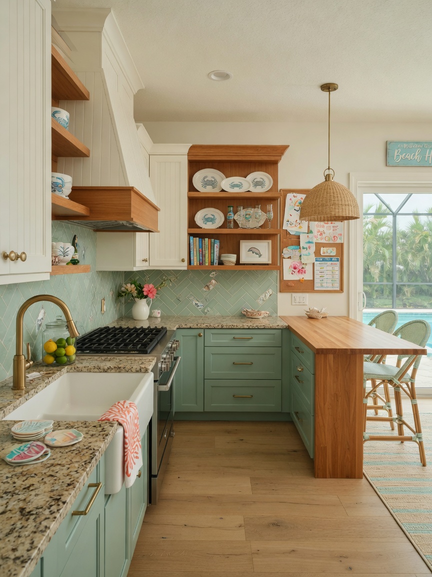 Beautifully designed mid-range kitchen with warm wood tones, granite counters, and coastal Florida color palette suitable for a Lee County family home, 8K ultra-realistic