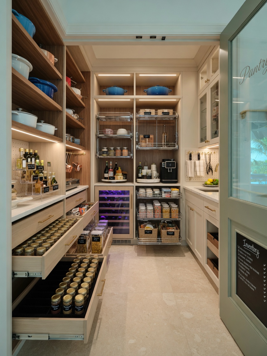Custom walk-in pantry with high-end organization systems, pull-out drawers, and specialty lighting in a luxury Fort Myers kitchen, perfectly organized, 8K detail shot