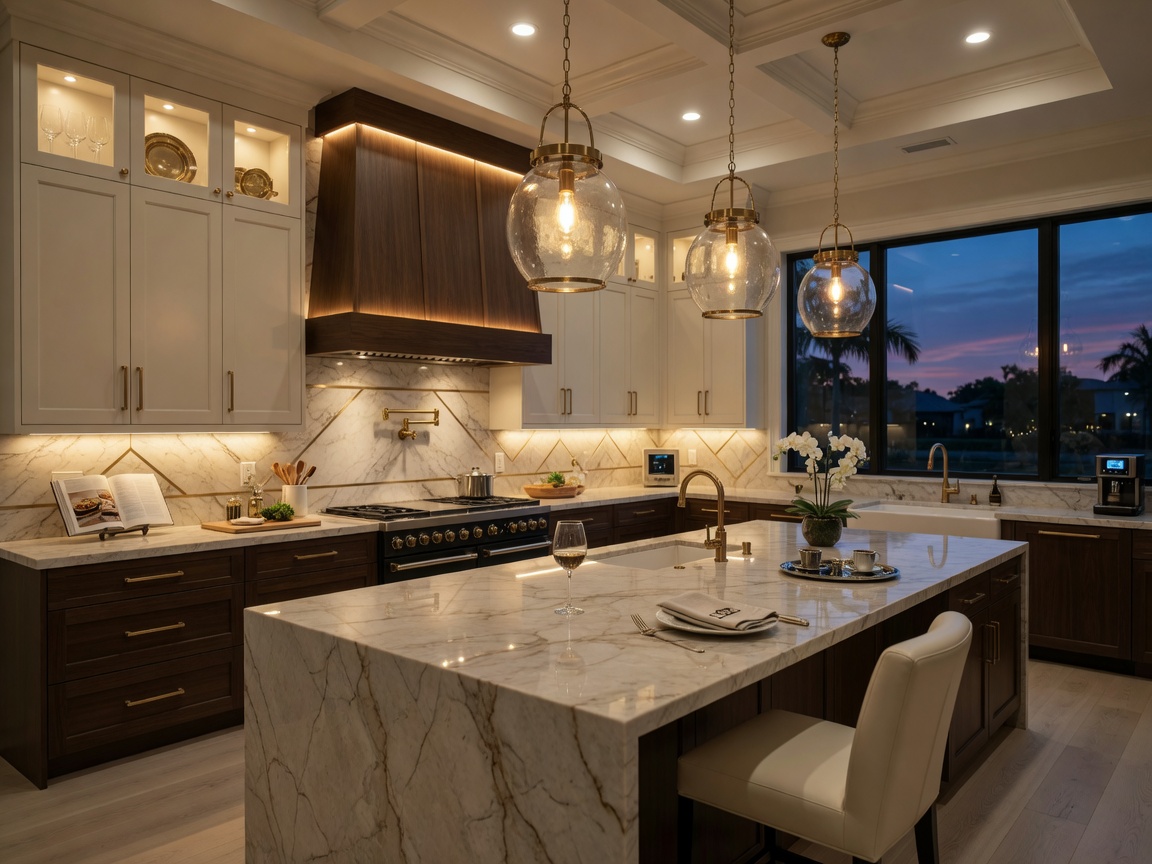 Finished luxury kitchen at dusk with all lighting activated including under-cabinet, pendant, and recessed lights, warm inviting atmosphere in a Lee County custom home, ultra-realistic 8K evening shot