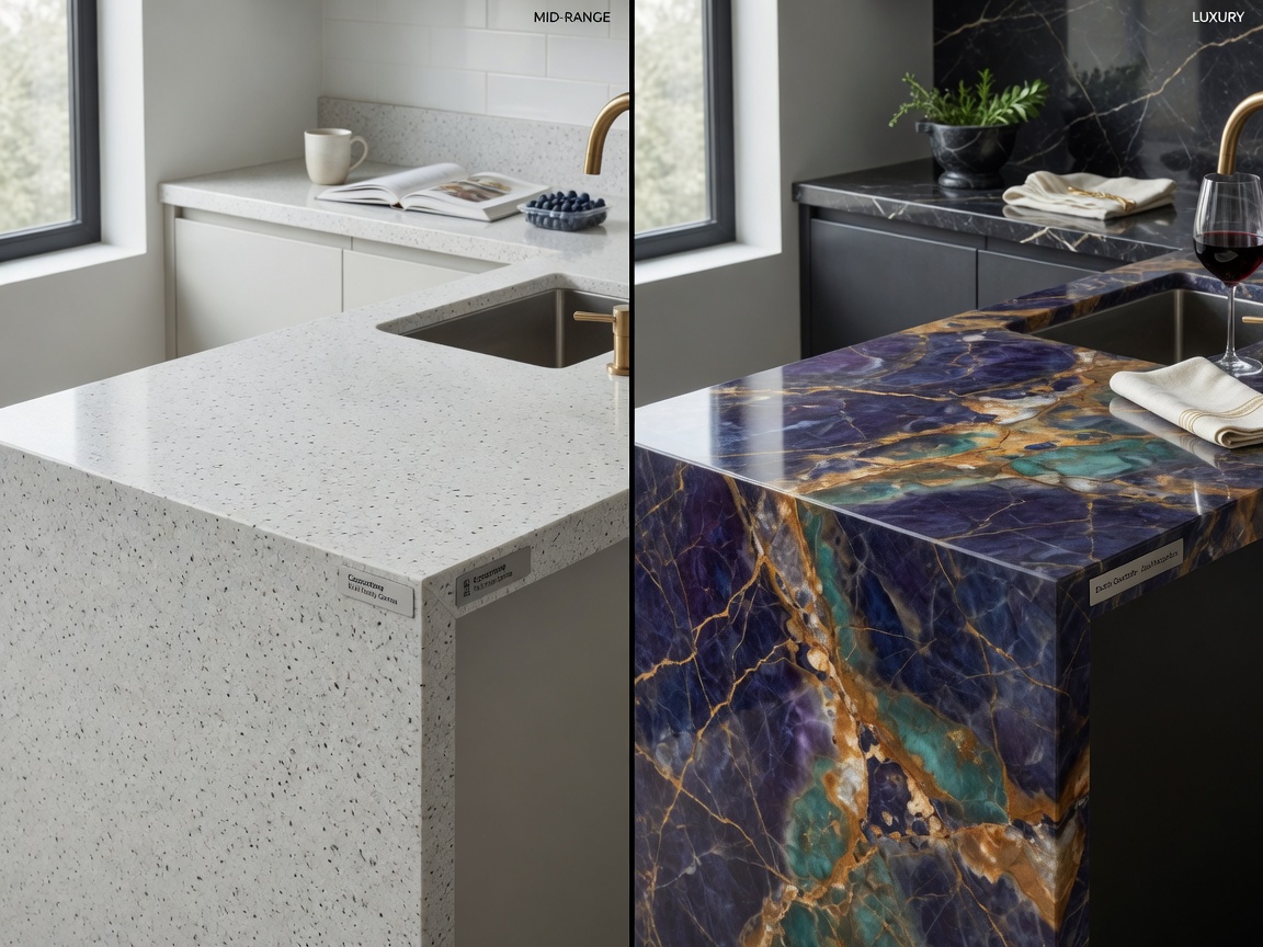 Side-by-side comparison of mid-range versus luxury kitchen countertops showing quartz vs exotic quartzite with waterfall edge, ultra-realistic 8K product photography with natural lighting