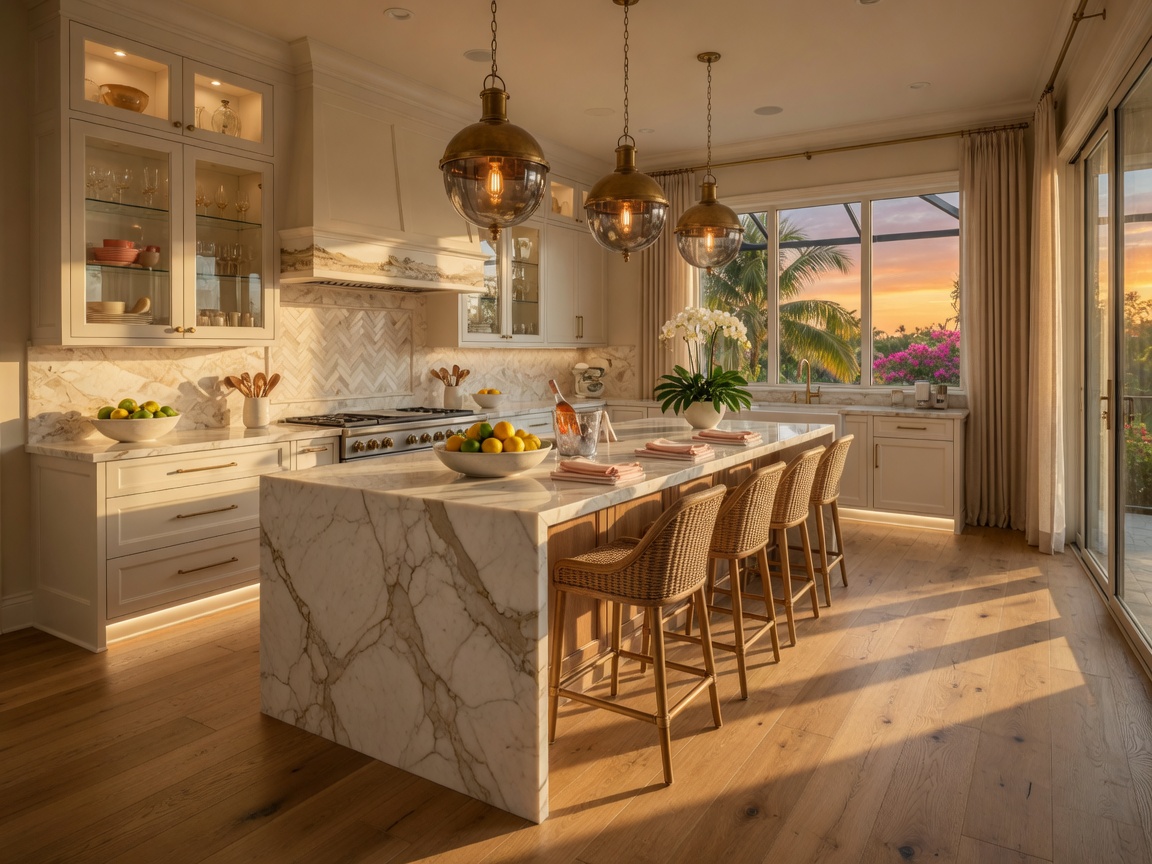 Elegant luxury kitchen in Southwest Florida with wide-plank European oak flooring, under-cabinet lighting, and premium pendant lights over a large island, golden hour sunlight, 8K ultra-realistic
