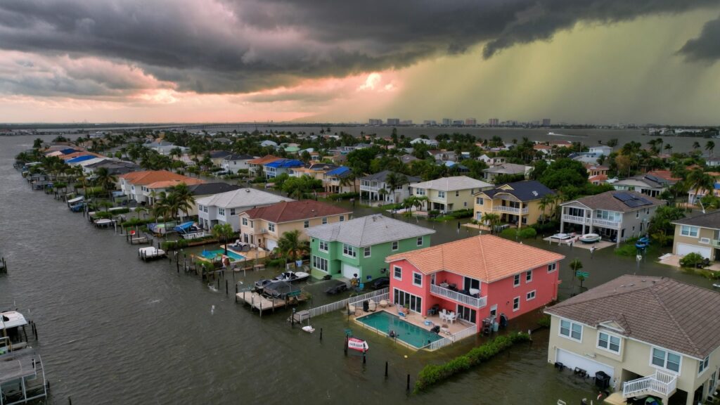 Ultra-realistic 8K aerial photograph of Fort Myers Florida waterfront homes during high tide flooding with storm clouds, showing vulnerable residential properties in Lee County, dramatic natural lighting, highly detailed architecture