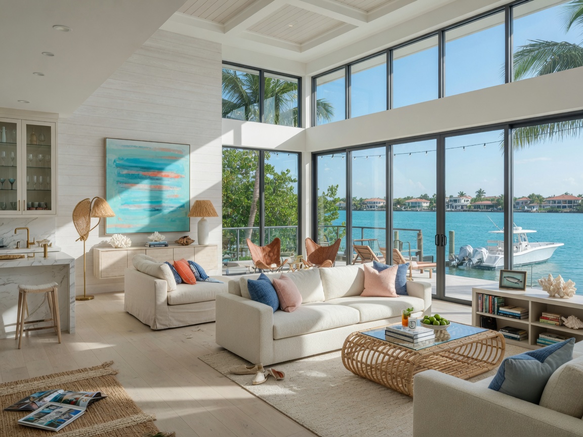 Ultra-realistic 8K interior view of a luxurious elevated living room in a Southwest Florida home with panoramic water views, modern coastal design, natural light flooding through large windows
