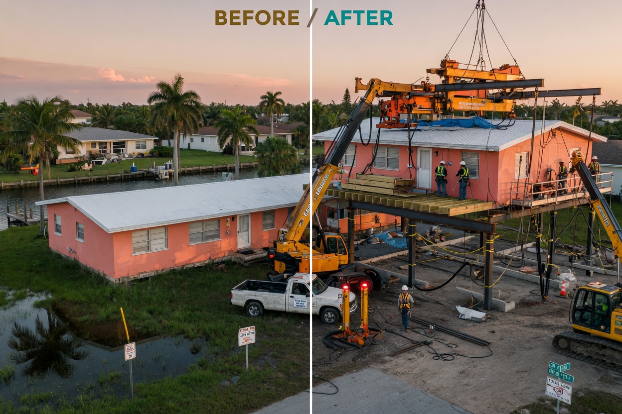 Ultra-realistic 8K before and after split image showing home elevation process in Cape Coral Florida, heavy machinery lifting house structure, detailed construction scene