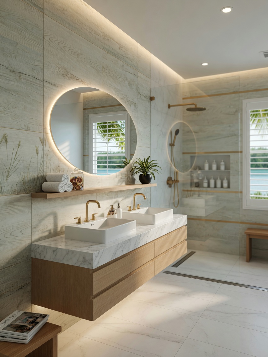 Ultra-realistic 8K photograph of a sophisticated Southwest Florida bathroom remodel with waterproof wall panels, elevated vanity, porcelain tile flooring and linear drains, spa-like atmosphere