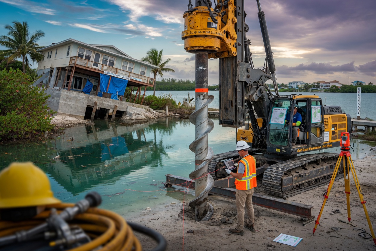 Ultra-realistic 8K image of helical pile foundation system being installed for home elevation in Fort Myers flood zone, construction workers, engineering precision, coastal environment